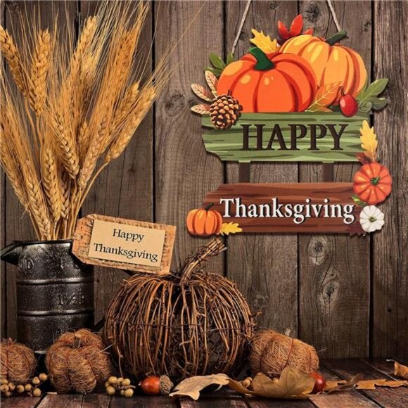 2 Pieces Give Thanks Wood Sign and Happy Thanksgiving Door Sign - Pumpkin Front - Picture 4 of 8